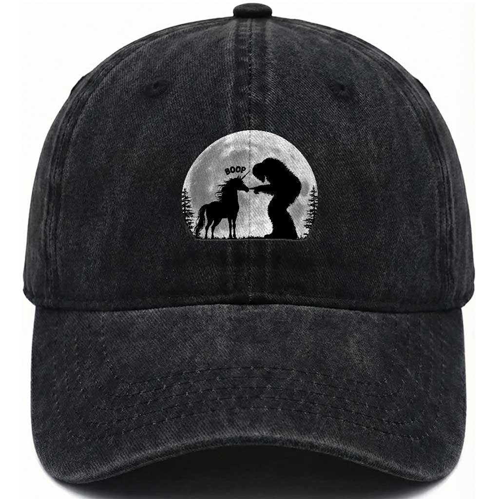 Bigfoot Boop Unicorn Washed Cotton Baseball Cap Funny Sasquatch Full Moon Fantasy Forest Silhouette TS10 Print Your Wear