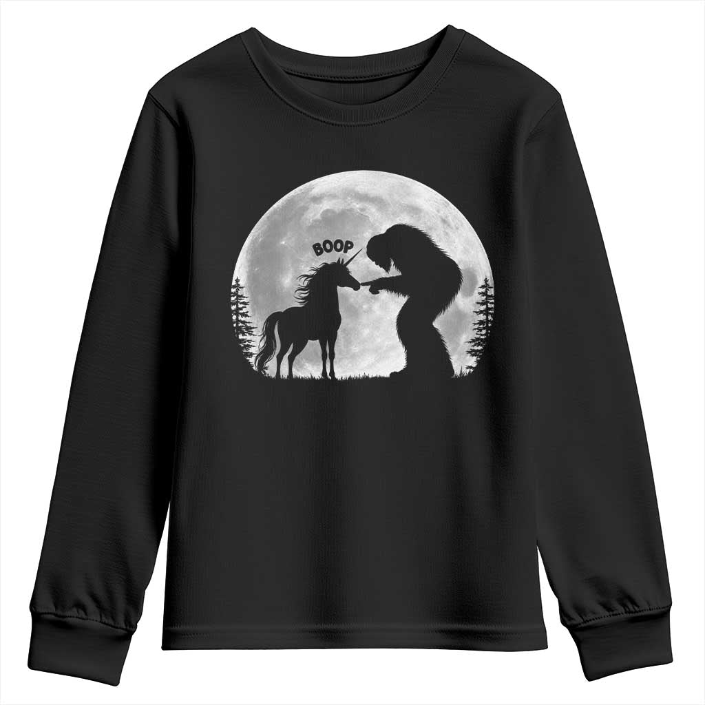 Bigfoot Boop Unicorn Youth Sweatshirt Funny Sasquatch Full Moon Fantasy Forest Silhouette TS10 Black Print Your Wear