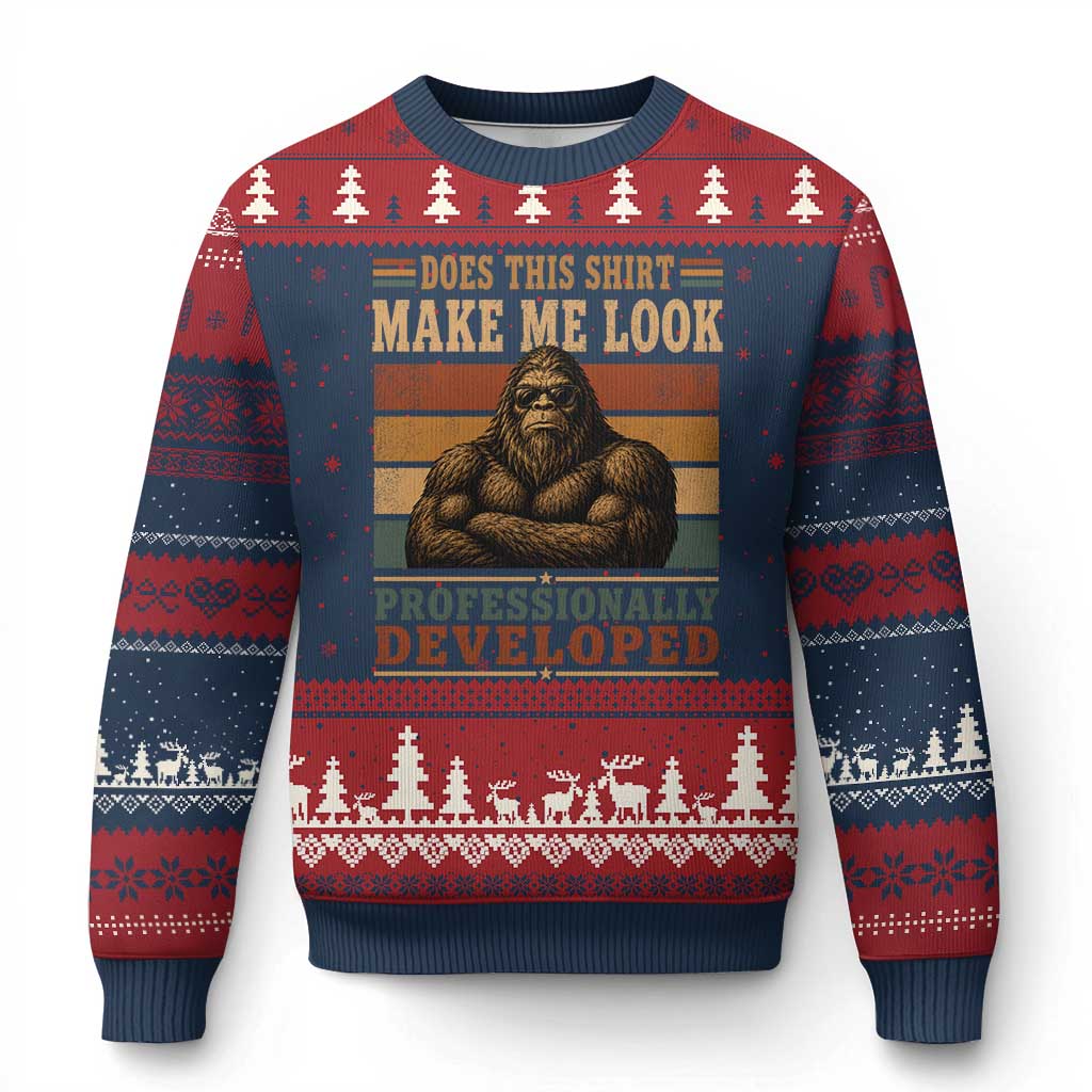 Does This Make Me Look Professionally Developed Funny Bigfoot Ugly Christmas Sweater Sasquatch Retro Humor