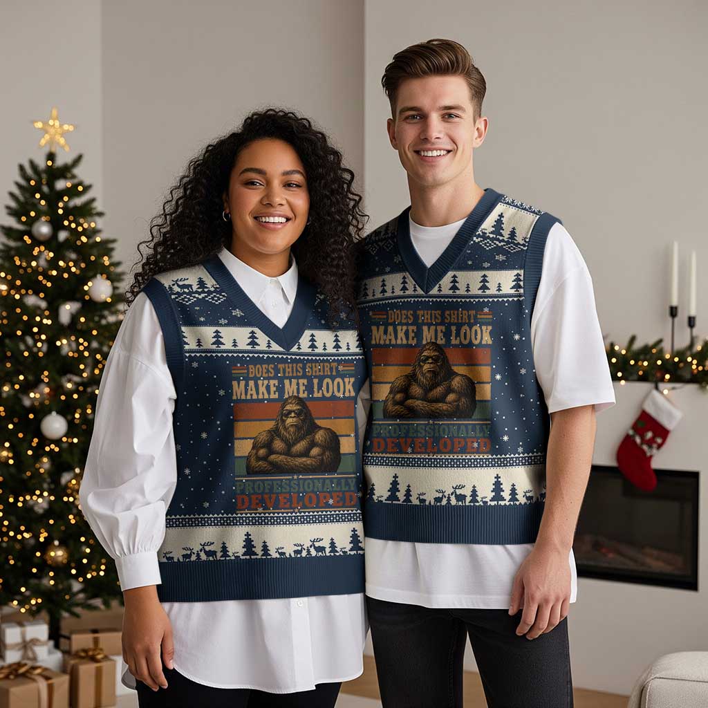 Does This Make Me Look Professionally Developed Funny Bigfoot V-Neck Knit Sweater Vest Sasquatch Retro Humor