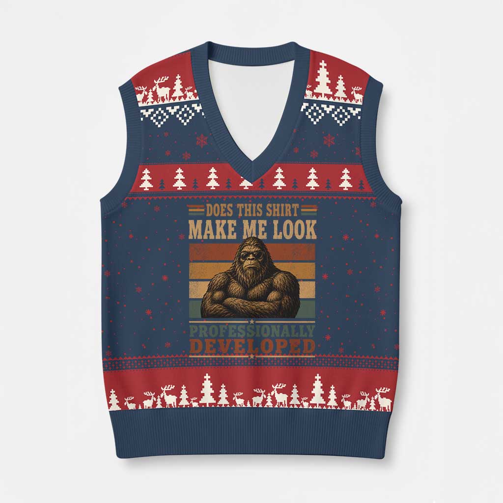 Does This Make Me Look Professionally Developed Funny Bigfoot V-Neck Knit Sweater Vest Sasquatch Retro Humor TS10 Navy Red Print Your Wear