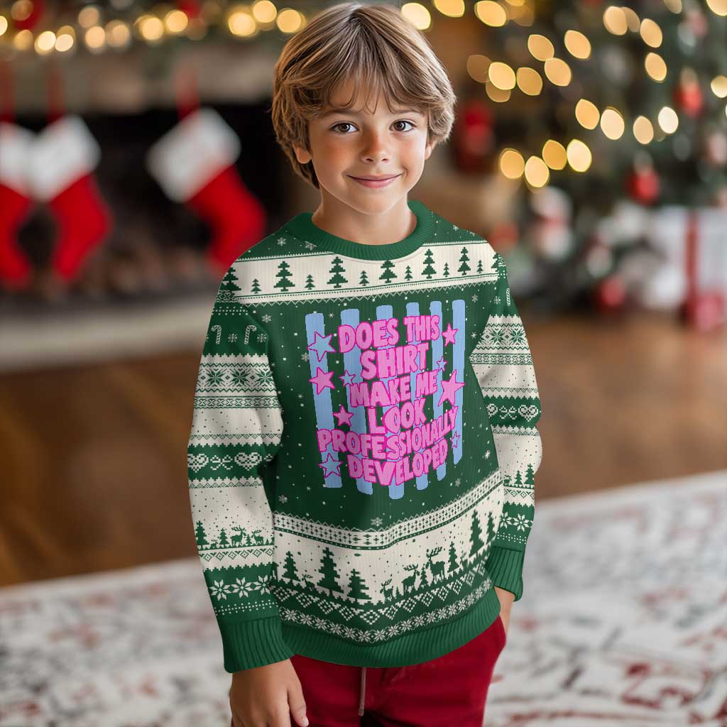 Does This Make Me Look Professionally Developed Ugly Christmas Sweater Funny Retro Groovy Pink Graphic TS10 Forest Green Beige Print Your Wear
