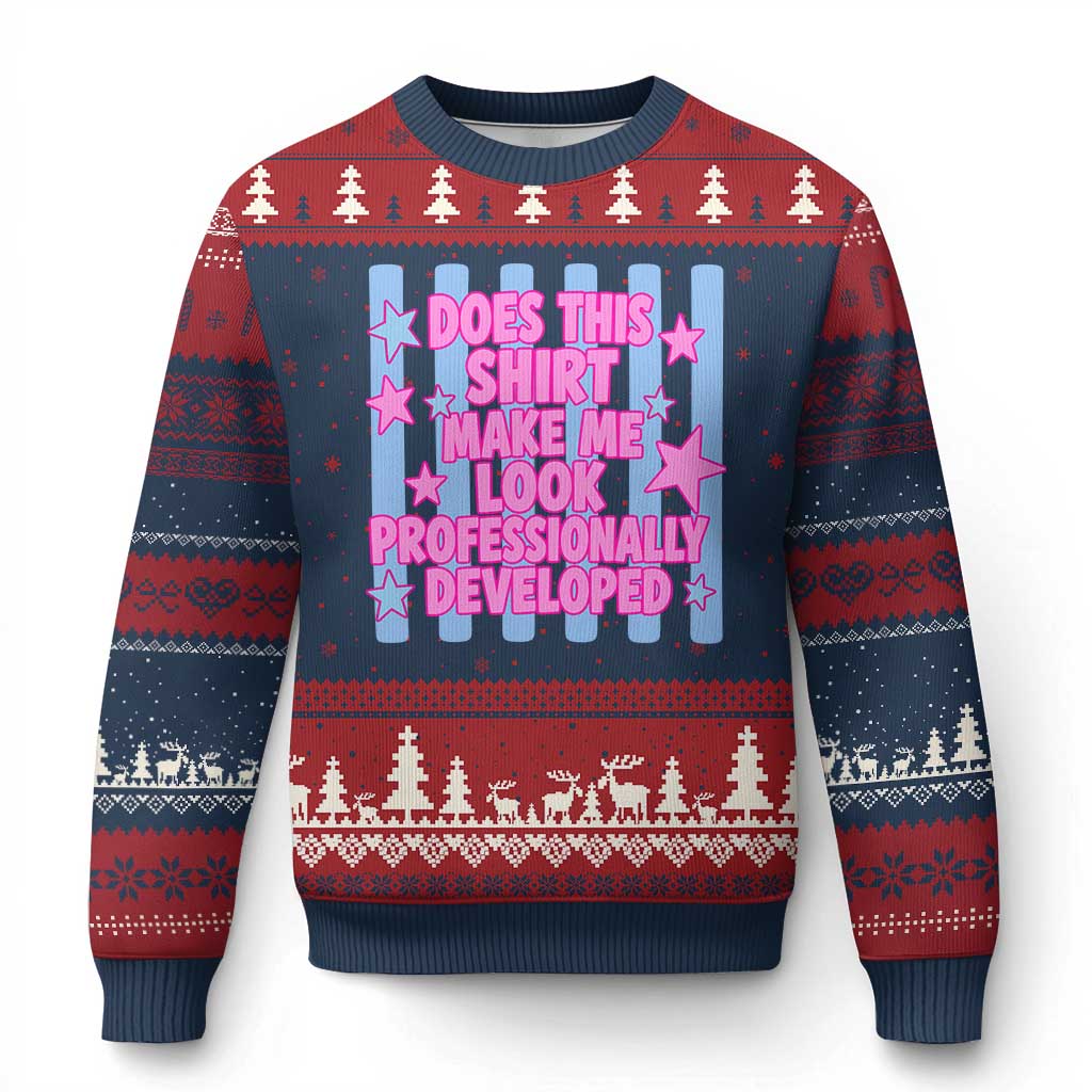 Does This Make Me Look Professionally Developed Ugly Christmas Sweater Funny Retro Groovy Pink Graphic TS10 Navy Red Print Your Wear