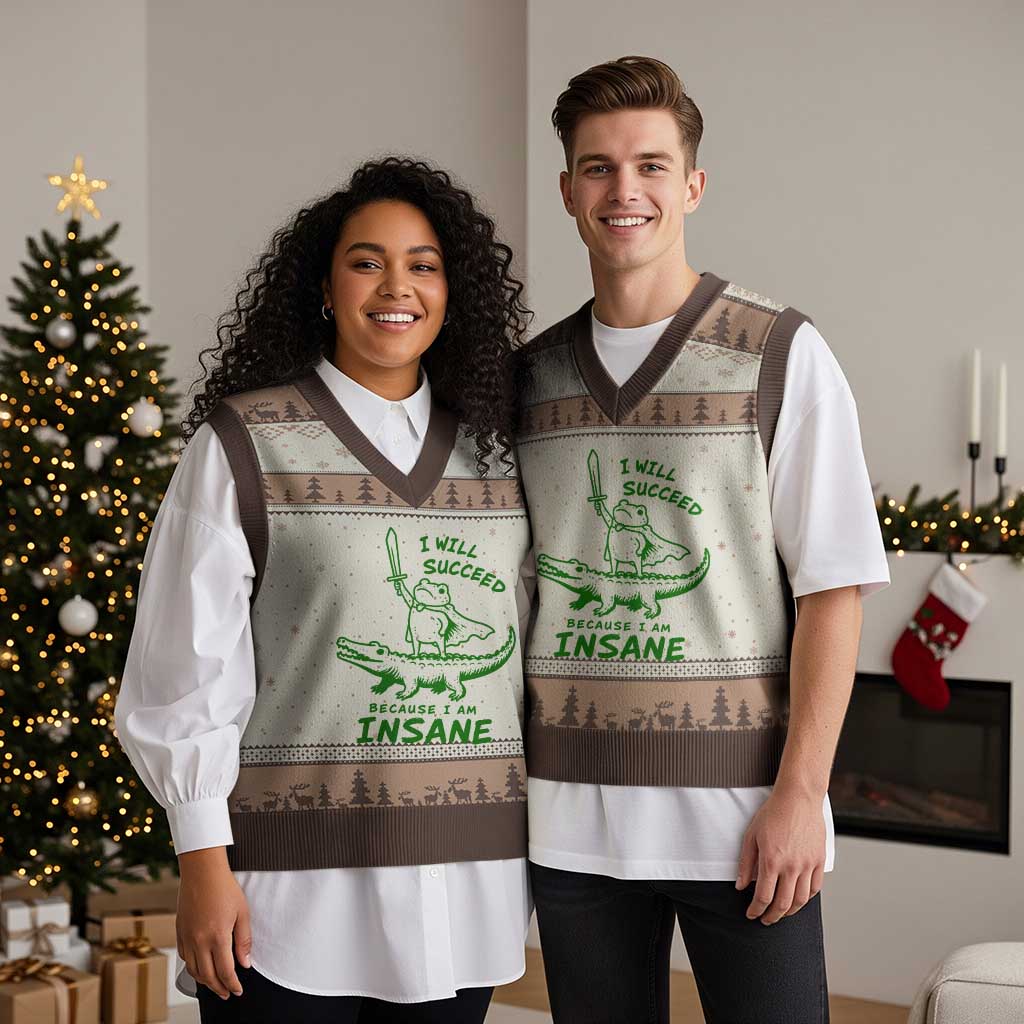 I Will Succeed Because I Am Insane Frog Crocodile V-Neck Knit Sweater Vest