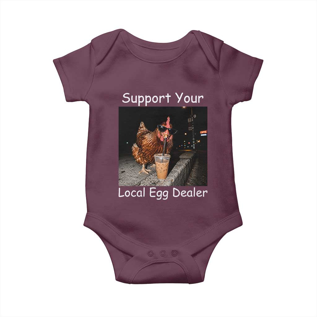 Support Local Dealer Chicken Farmer Baby Onesie Funny Animal Graphic Chicken Drinking Iced Coffee