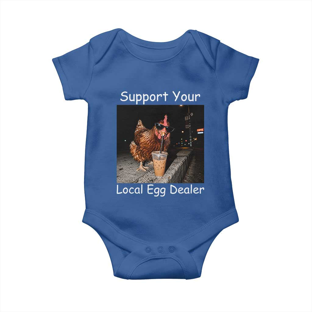 Support Local Dealer Chicken Farmer Baby Onesie Funny Animal Graphic Chicken Drinking Iced Coffee