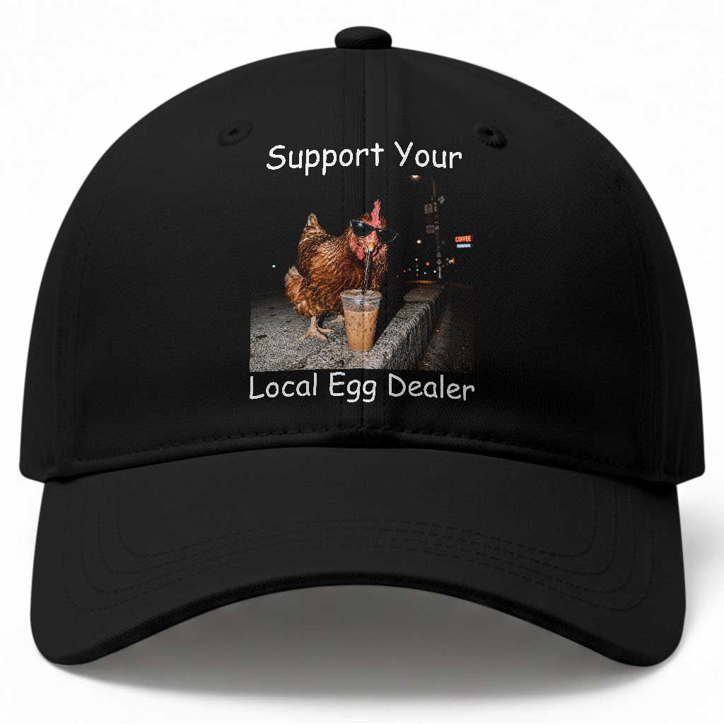 Support Local Dealer Chicken Farmer Baseball Cap Funny Animal Graphic Chicken Drinking Iced Coffee