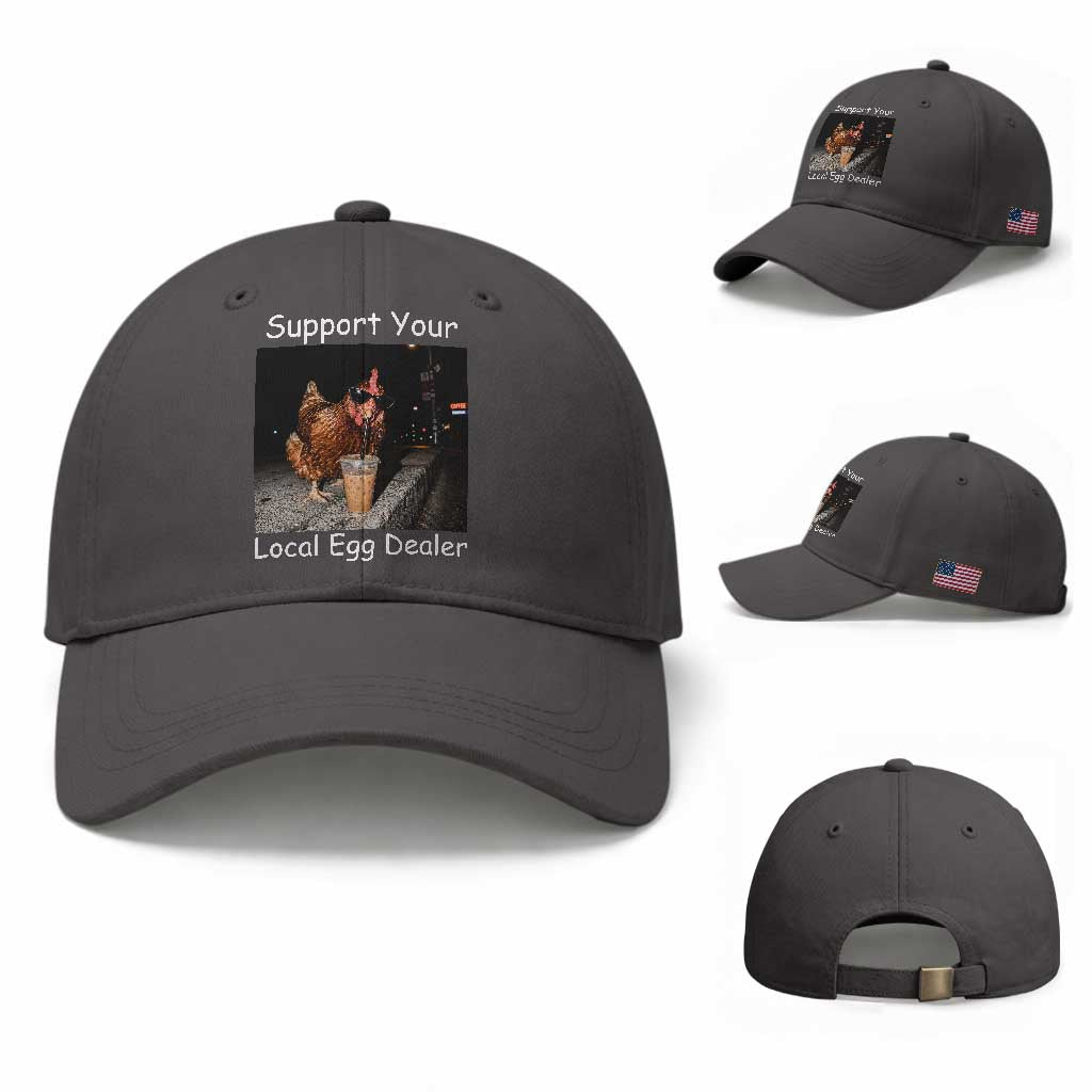 Support Local Dealer Chicken Farmer Baseball Cap Funny Animal Graphic Chicken Drinking Iced Coffee
