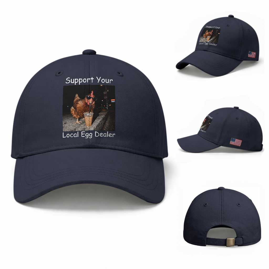 Support Local Dealer Chicken Farmer Baseball Cap Funny Animal Graphic Chicken Drinking Iced Coffee