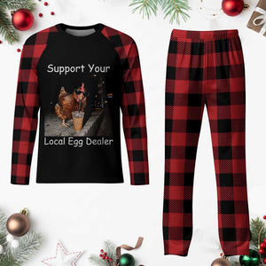 Support Local Dealer Chicken Farmer Plaid Pajama Set Funny Animal Graphic Chicken Drinking Iced Coffee