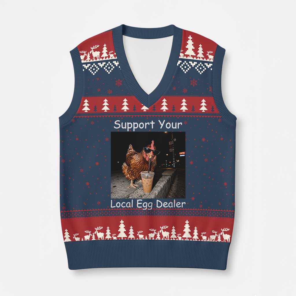 Support Local Dealer Chicken Farmer V-Neck Knit Sweater Vest Funny Animal Graphic Chicken Drinking Iced Coffee