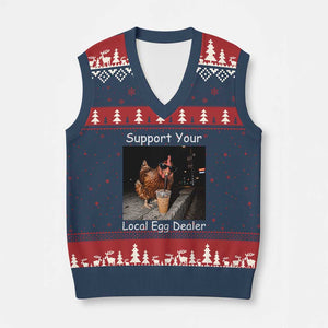 Support Local Dealer Chicken Farmer V-Neck Knit Sweater Vest Funny Animal Graphic Chicken Drinking Iced Coffee