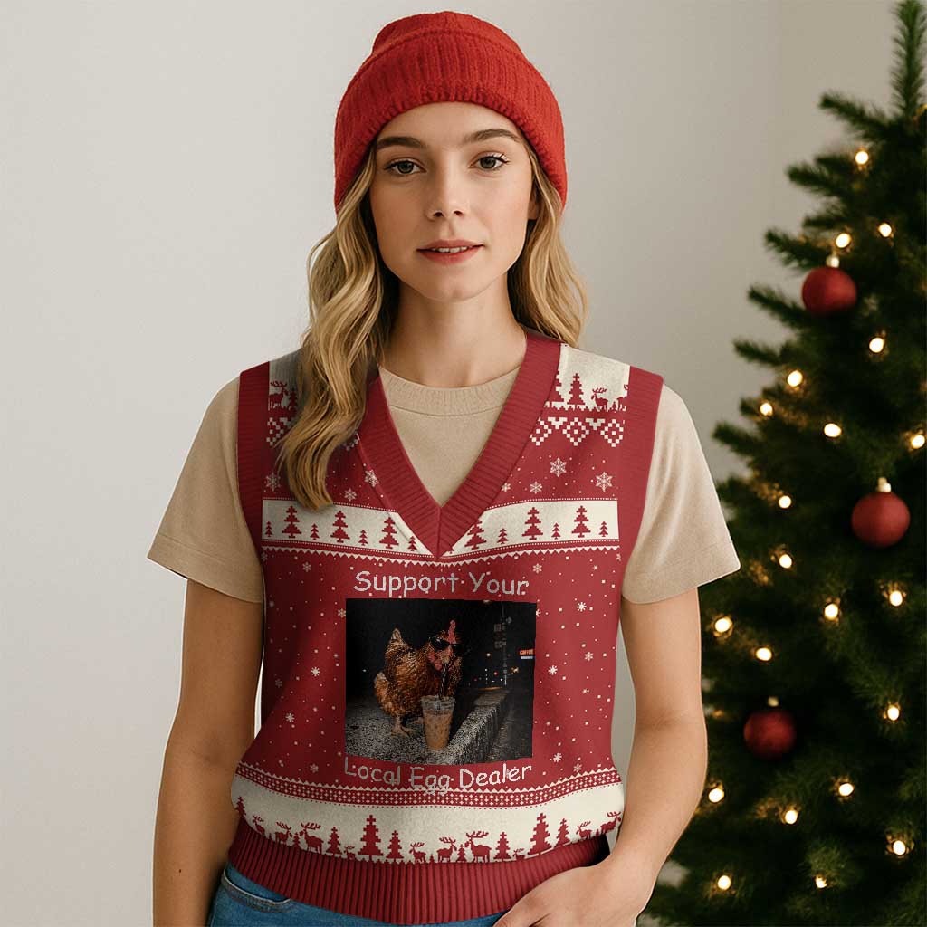 Support Local Dealer Chicken Farmer V-Neck Knit Sweater Vest Funny Animal Graphic Chicken Drinking Iced Coffee