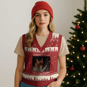 Support Local Dealer Chicken Farmer V-Neck Knit Sweater Vest Funny Animal Graphic Chicken Drinking Iced Coffee
