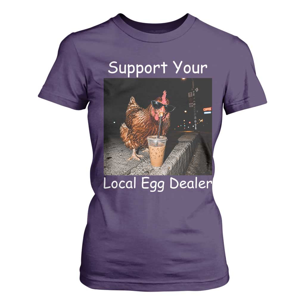 Support Local Dealer Chicken Farmer T Shirt For Women Funny Animal Graphic Chicken Drinking Iced Coffee