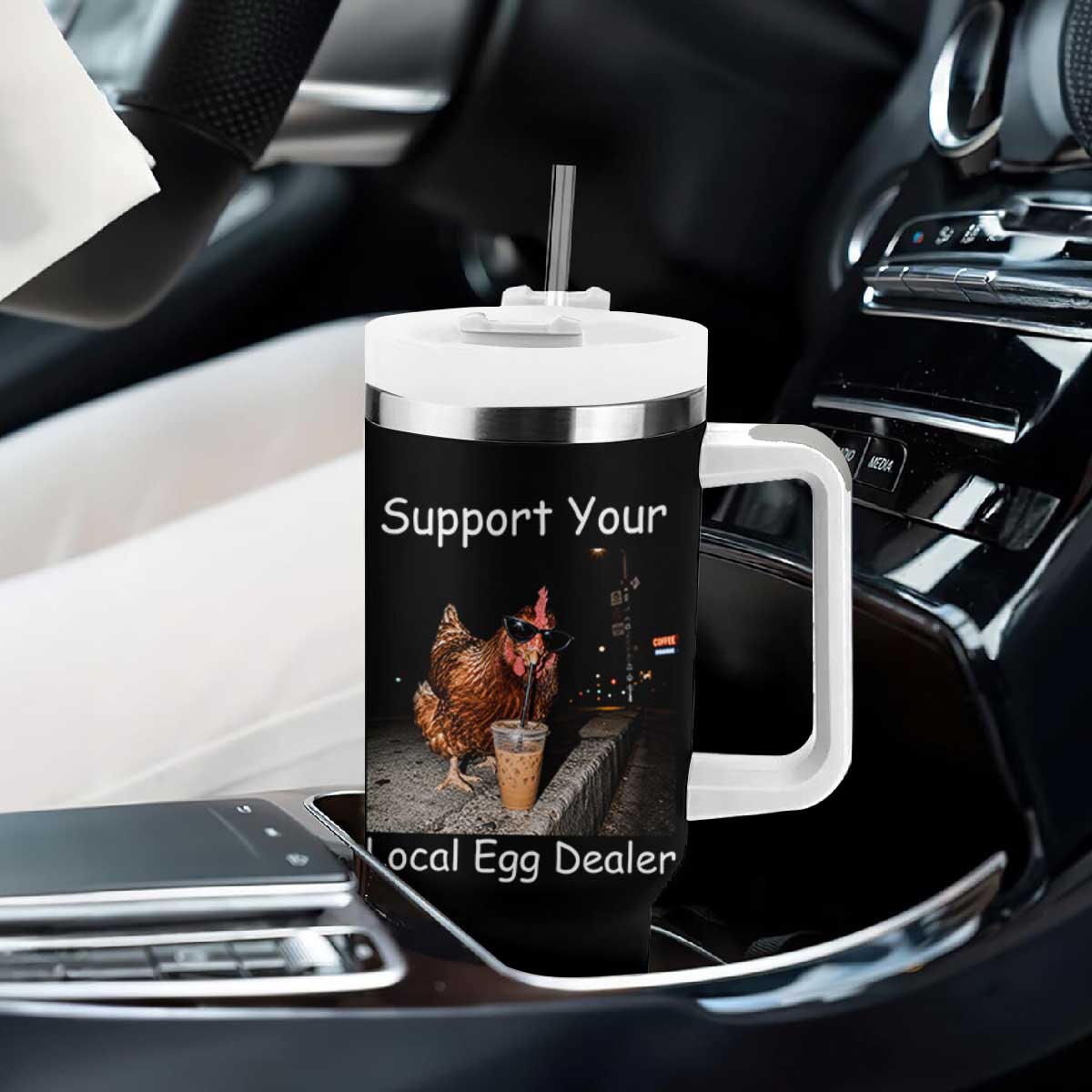 Support Local Dealer Chicken Farmer Tumbler With Handle Funny Animal Graphic Chicken Drinking Iced Coffee