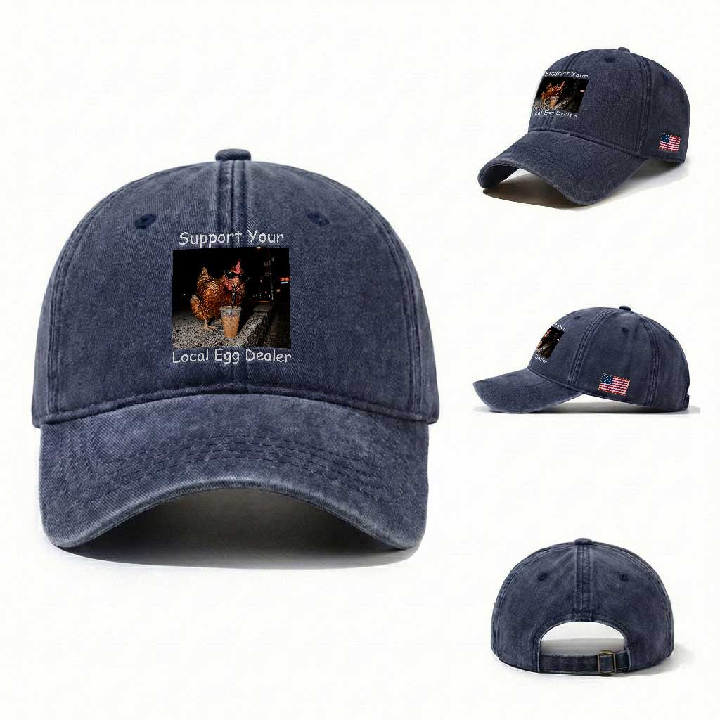 Support Local Dealer Chicken Farmer Washed Cotton Baseball Cap Funny Animal Graphic Chicken Drinking Iced Coffee