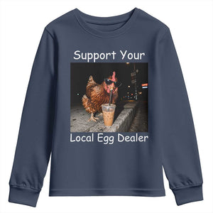Support Local Dealer Chicken Farmer Youth Sweatshirt Funny Animal Graphic Chicken Drinking Iced Coffee