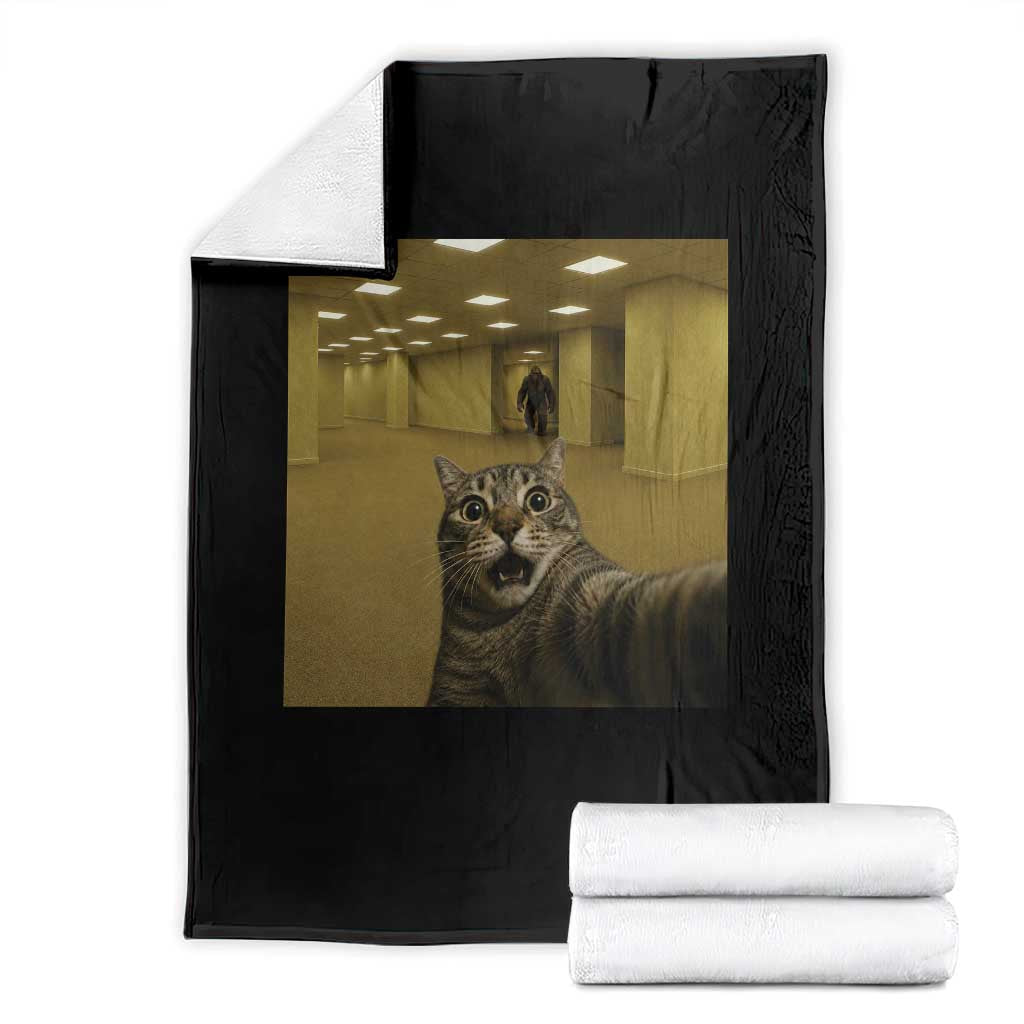 Funny Cat Selfie with Bigfoot Sasquatch Backrooms Liminal Space Meme Throw Blanket TS10 Black Print Your Wear