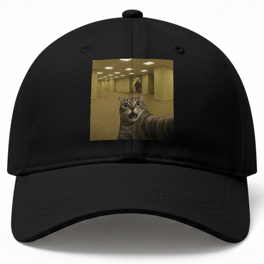 Funny Cat Selfie with Bigfoot Sasquatch Backrooms Liminal Space Meme Baseball Cap TS10 Print Your Wear