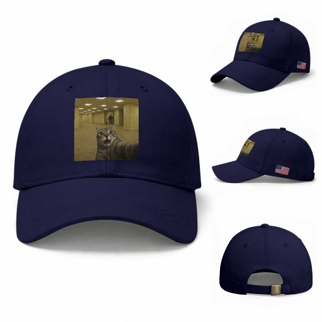 Funny Cat Selfie with Bigfoot Sasquatch Backrooms Liminal Space Meme Baseball Cap TS10 Baseball Cap Universal Fit Dark Blue Print Your Wear