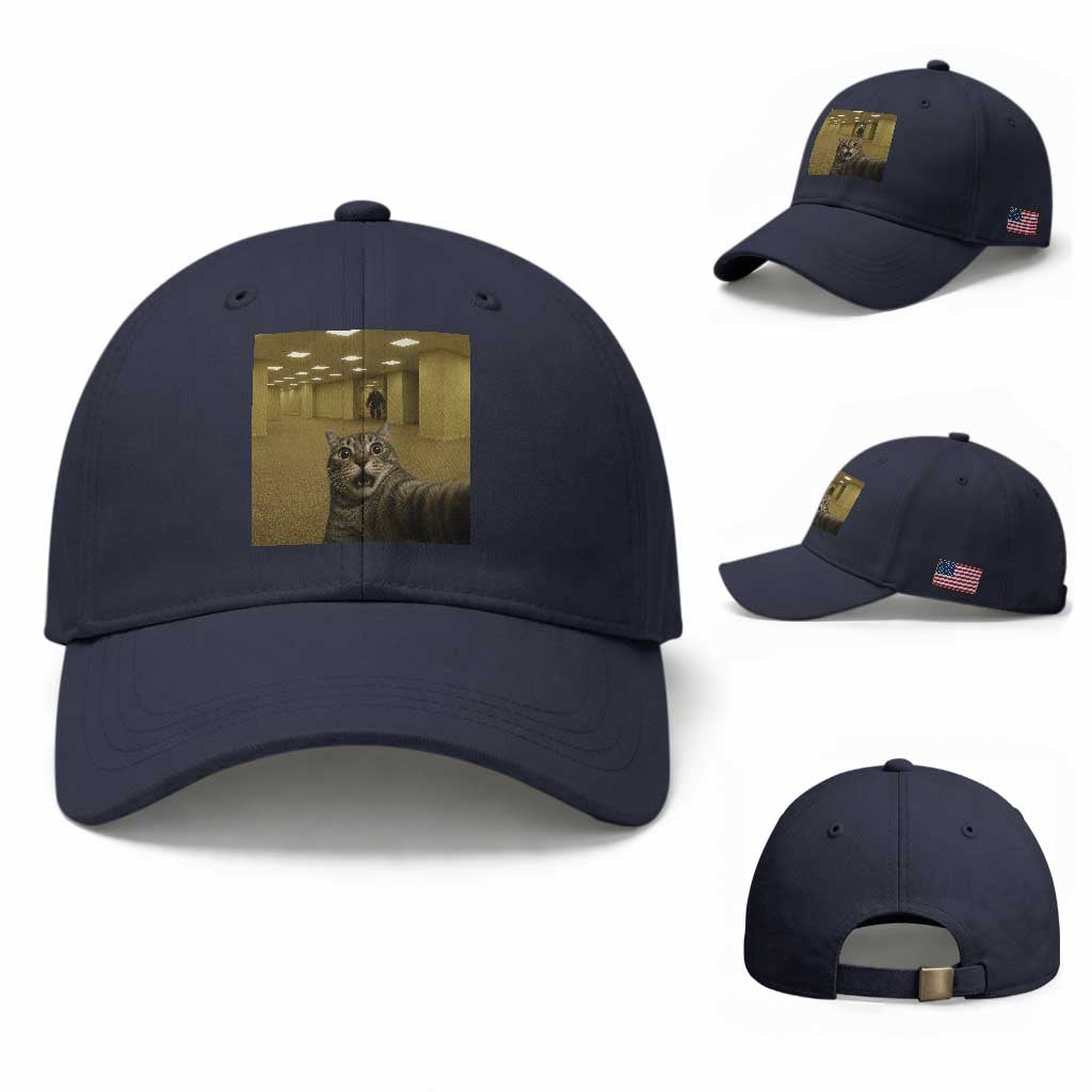 Funny Cat Selfie with Bigfoot Sasquatch Backrooms Liminal Space Meme Baseball Cap TS10 Baseball Cap Universal Fit Navy Print Your Wear