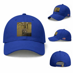 Funny Cat Selfie with Bigfoot Sasquatch Backrooms Liminal Space Meme Baseball Cap TS10 Baseball Cap Universal Fit Royal Blue Print Your Wear