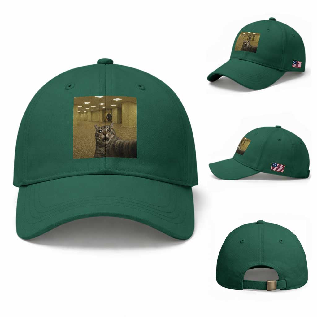 Funny Cat Selfie with Bigfoot Sasquatch Backrooms Liminal Space Meme Baseball Cap TS10 Baseball Cap Universal Fit Irish Green Print Your Wear
