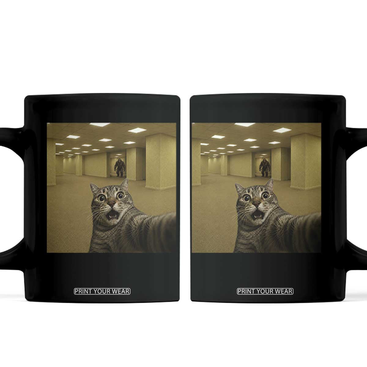 Funny Cat Selfie with Bigfoot Sasquatch Backrooms Liminal Space Meme Coffee Mug TS10 Black Print Your Wear