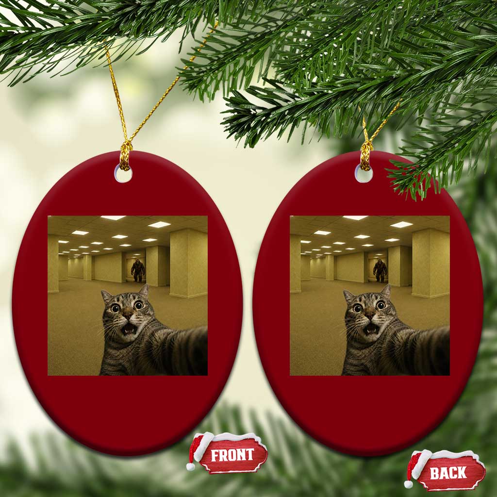 Funny Cat Selfie with Bigfoot Sasquatch Backrooms Liminal Space Meme Ceramic Ornament TS10 Print Your Wear