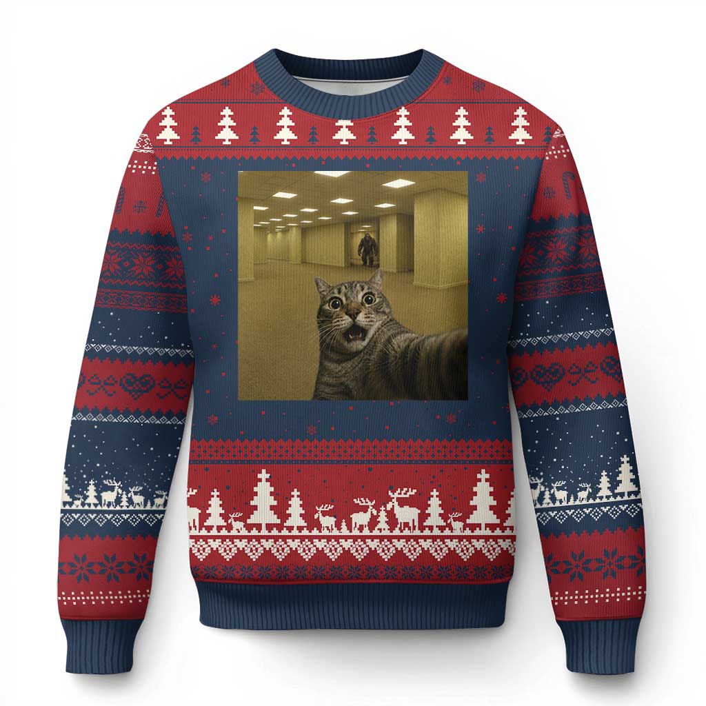Funny Cat Selfie with Bigfoot Sasquatch Backrooms Liminal Space Meme Ugly Christmas Sweater TS10 Navy Red Print Your Wear