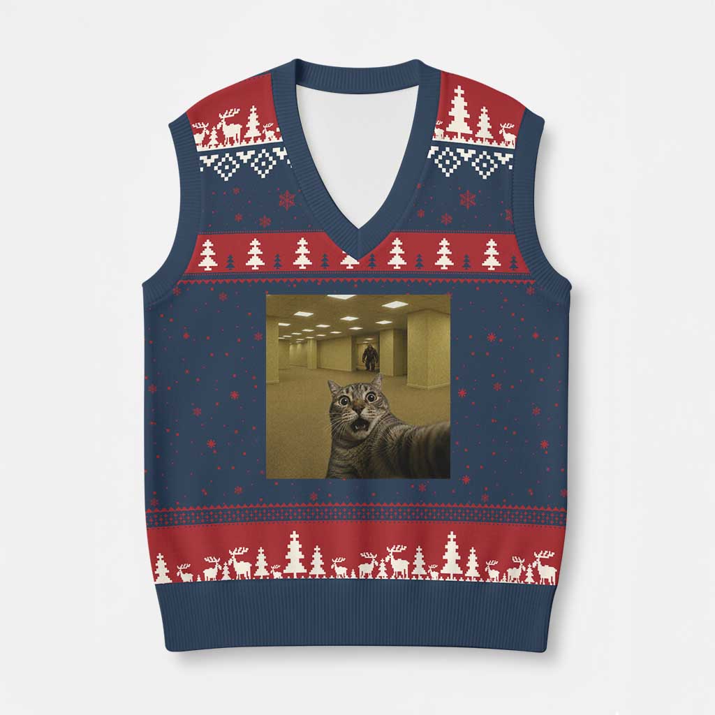 Funny Cat Selfie with Bigfoot Sasquatch Backrooms Liminal Space Meme V-Neck Knit Sweater Vest TS10 Navy Red Print Your Wear