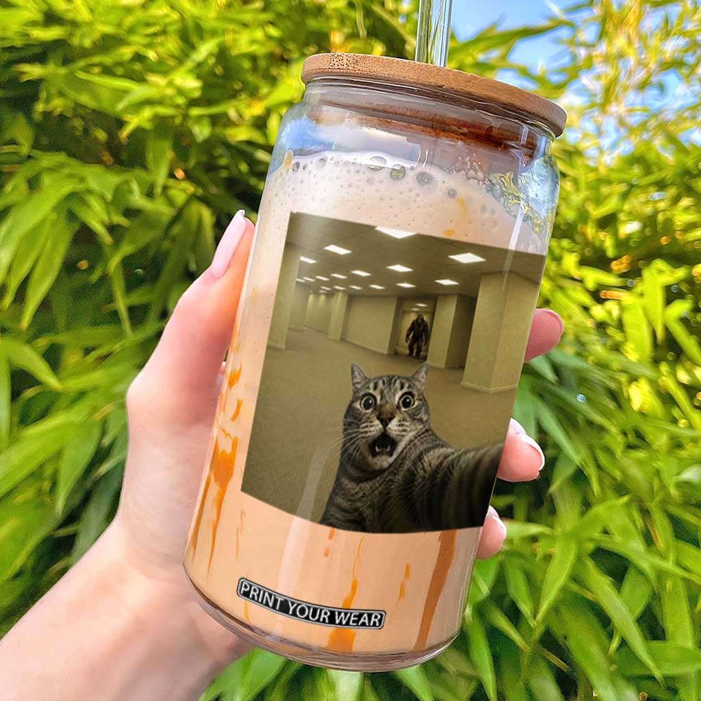 Funny Cat Selfie with Bigfoot Sasquatch Backrooms Liminal Space Meme Glass Can TS10 Black Print Your Wear