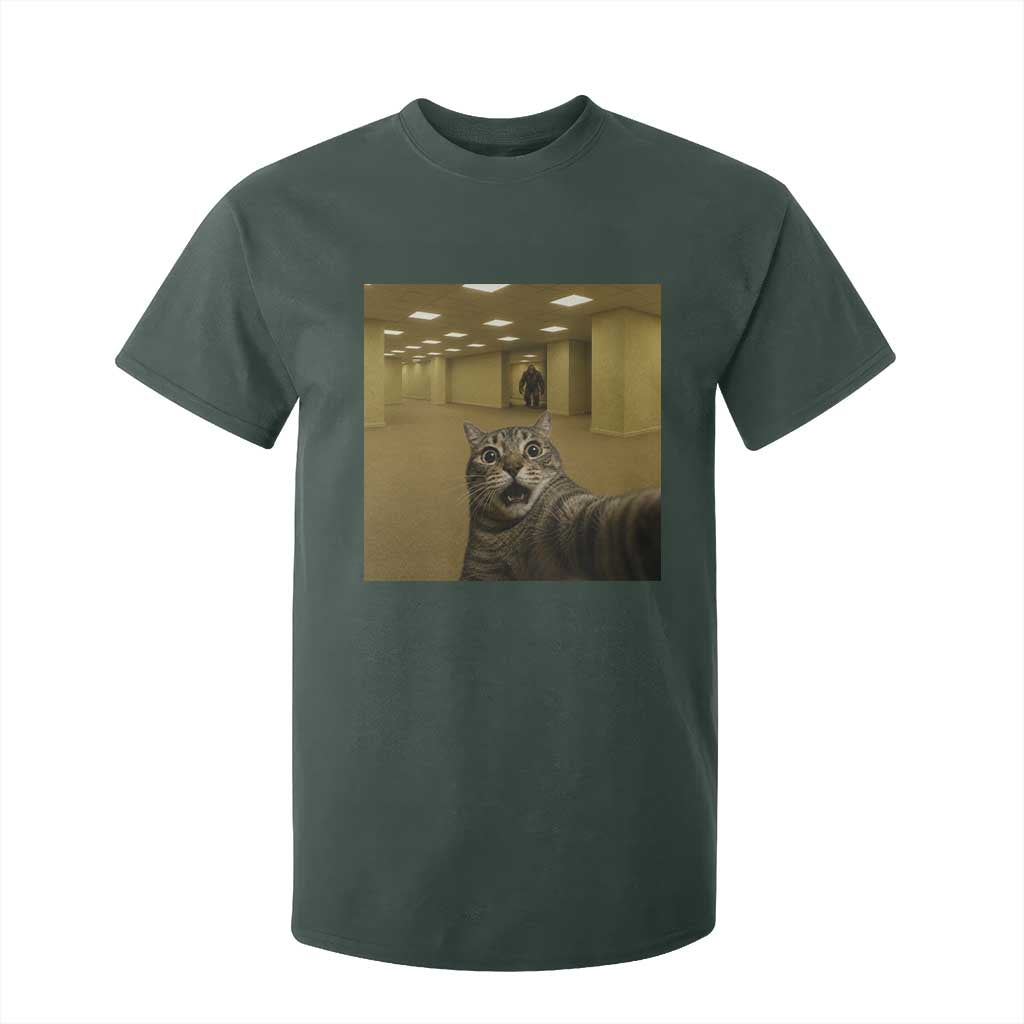 Funny Cat Selfie with Bigfoot Sasquatch Backrooms Liminal Space Meme T Shirt For Kid TS10 Dark Forest Green Print Your Wear