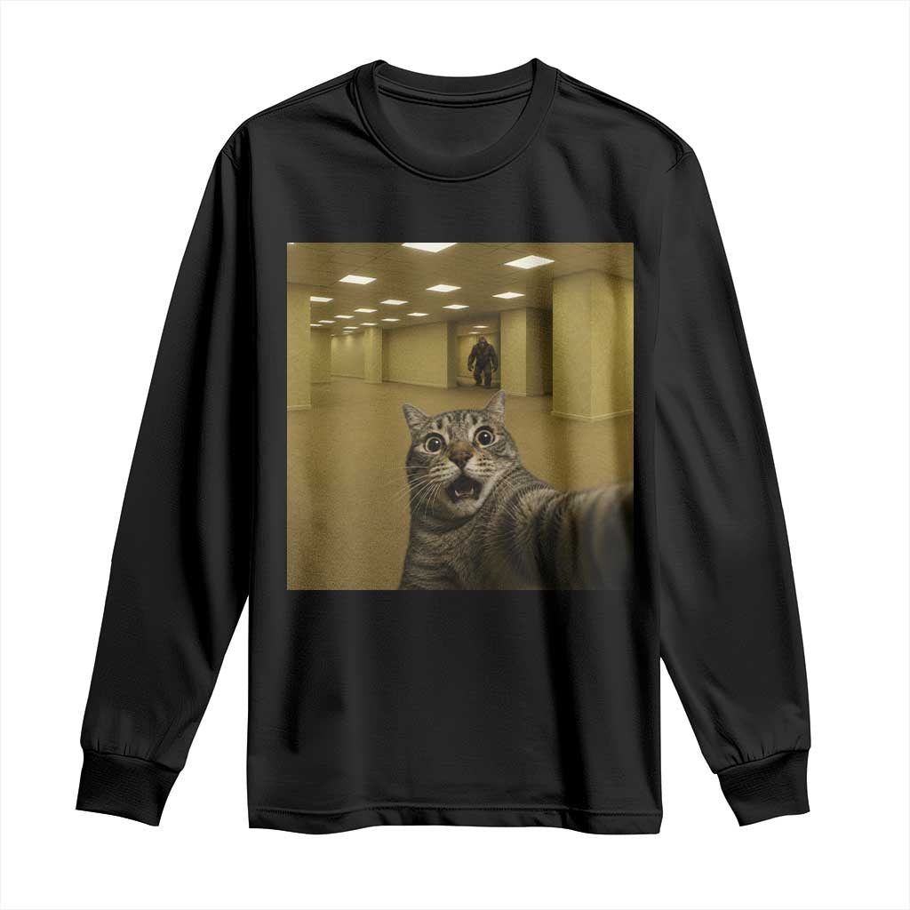 Funny Cat Selfie with Bigfoot Sasquatch Backrooms Liminal Space Meme Long Sleeve Shirt TS10 Black Print Your Wear