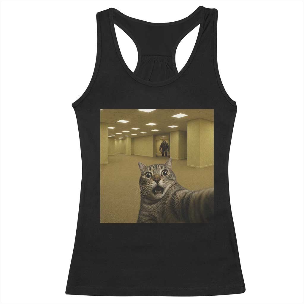 Funny Cat Selfie with Bigfoot Sasquatch Backrooms Liminal Space Meme Racerback Tank Top TS10 Black Print Your Wear