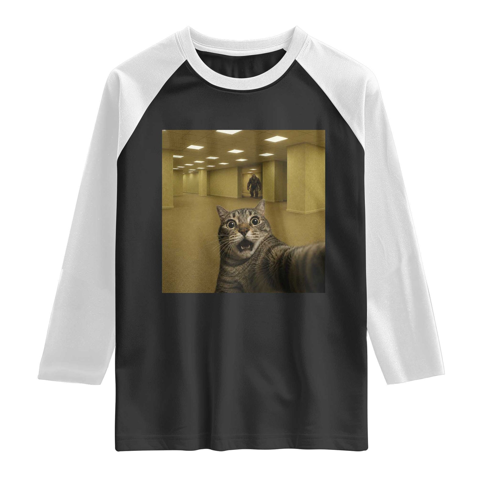 Funny Cat Selfie with Bigfoot Sasquatch Backrooms Liminal Space Meme Raglan Shirt TS10 Black White Print Your Wear