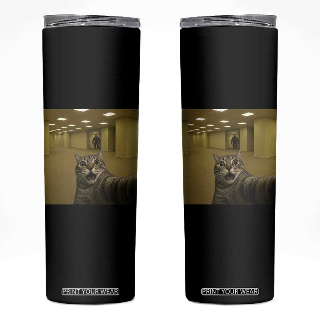 Funny Cat Selfie with Bigfoot Sasquatch Backrooms Liminal Space Meme Skinny Tumbler TS10 Black Print Your Wear