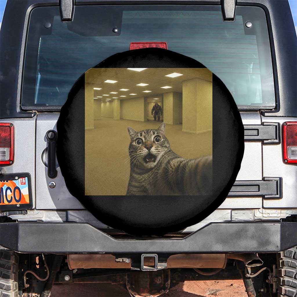 Funny Cat Selfie with Bigfoot Sasquatch Backrooms Liminal Space Meme Spare Tire Cover TS10 No hole Black Print Your Wear