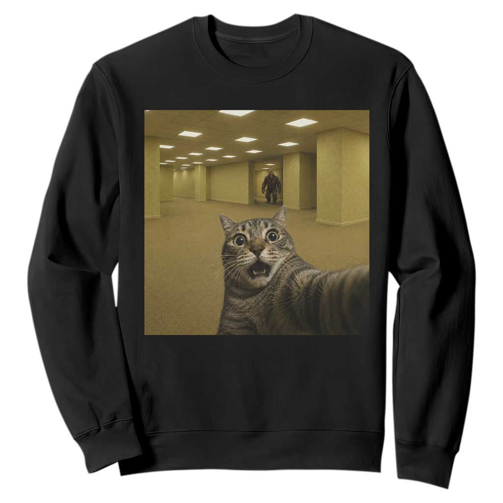 Funny Cat Selfie with Bigfoot Sasquatch Backrooms Liminal Space Meme Sweatshirt TS10 Black Print Your Wear