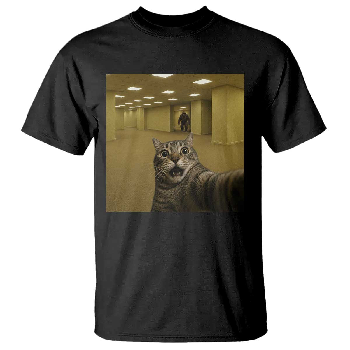 Funny Cat Selfie with Bigfoot Sasquatch Backrooms Liminal Space Meme T Shirt TS10 Black Print Your Wear
