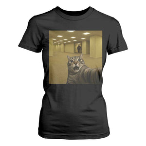 Funny Cat Selfie with Bigfoot Sasquatch Backrooms Liminal Space Meme T Shirt For Women TS10 Black Print Your Wear
