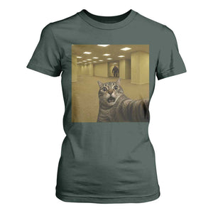 Funny Cat Selfie with Bigfoot Sasquatch Backrooms Liminal Space Meme T Shirt For Women TS10 Dark Forest Green Print Your Wear