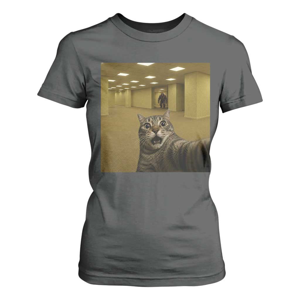 Funny Cat Selfie with Bigfoot Sasquatch Backrooms Liminal Space Meme T Shirt For Women TS10 Dark Heather Print Your Wear