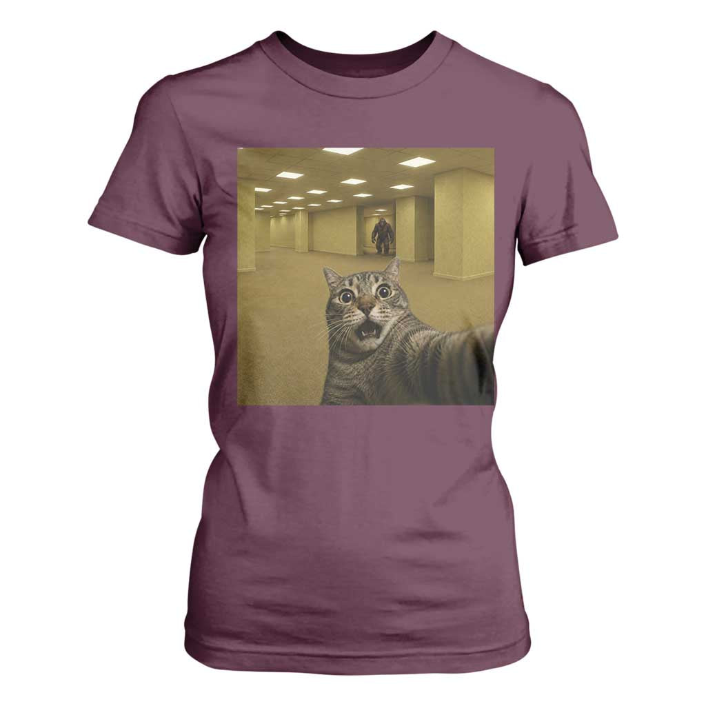 Funny Cat Selfie with Bigfoot Sasquatch Backrooms Liminal Space Meme T Shirt For Women TS10 Maroon Print Your Wear