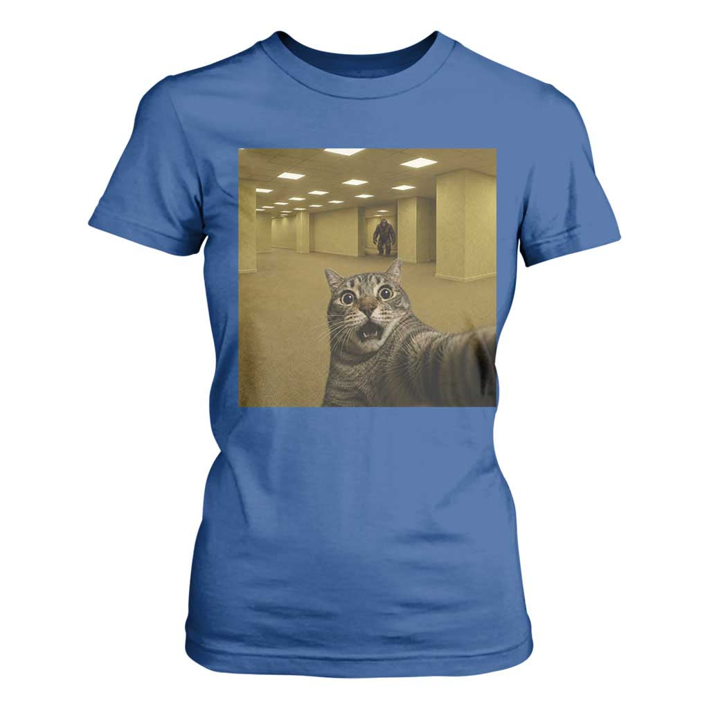 Funny Cat Selfie with Bigfoot Sasquatch Backrooms Liminal Space Meme T Shirt For Women TS10 Royal Blue Print Your Wear