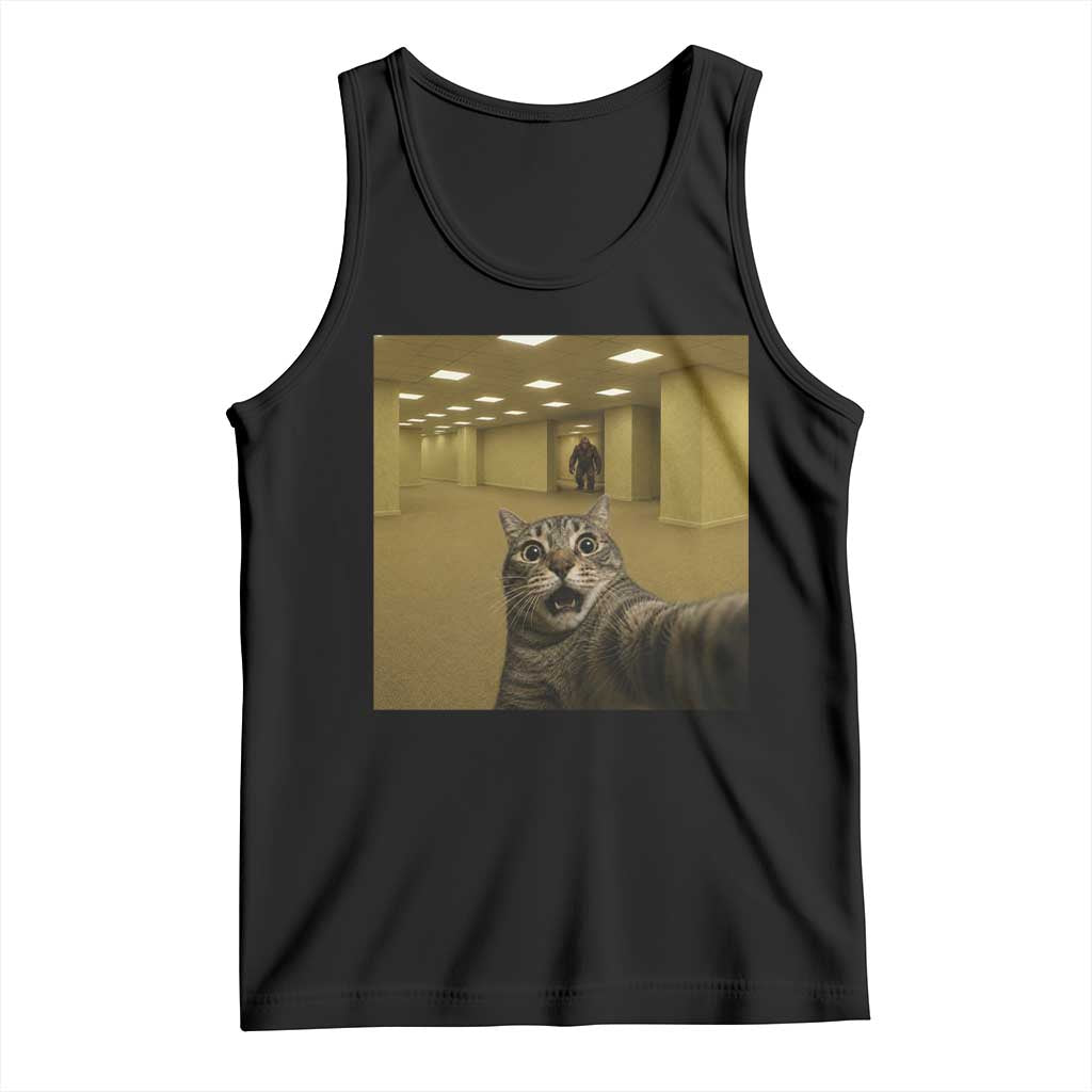 Funny Cat Selfie with Bigfoot Sasquatch Backrooms Liminal Space Meme Tank Top TS10 Black Print Your Wear