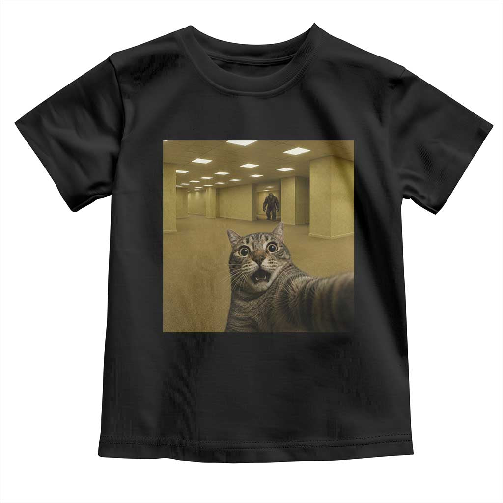 Funny Cat Selfie with Bigfoot Sasquatch Backrooms Liminal Space Meme Toddler T Shirt TS10 Black Print Your Wear