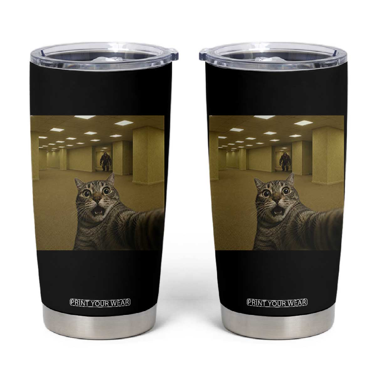 Funny Cat Selfie with Bigfoot Sasquatch Backrooms Liminal Space Meme Tumbler Cup TS10 Black Print Your Wear