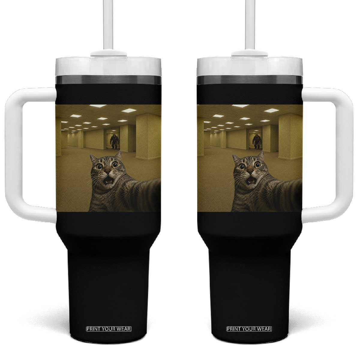 Funny Cat Selfie with Bigfoot Sasquatch Backrooms Liminal Space Meme Tumbler With Handle TS10 One Size: 40 oz Black Print Your Wear